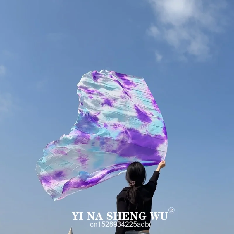 1Pair 100% Silk Oriental Dance Silk Veils Isis Wings With Stick Stage Performance Props Tie Dye Half Circle Half Round Flag