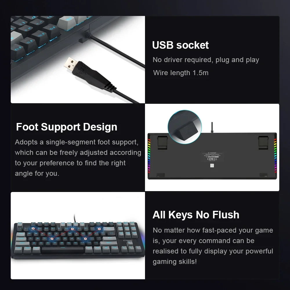 Teclado mecánico USB para jugar con cable, interruptor rojo azul, retroiluminado con LED monocromático, 87 teclas