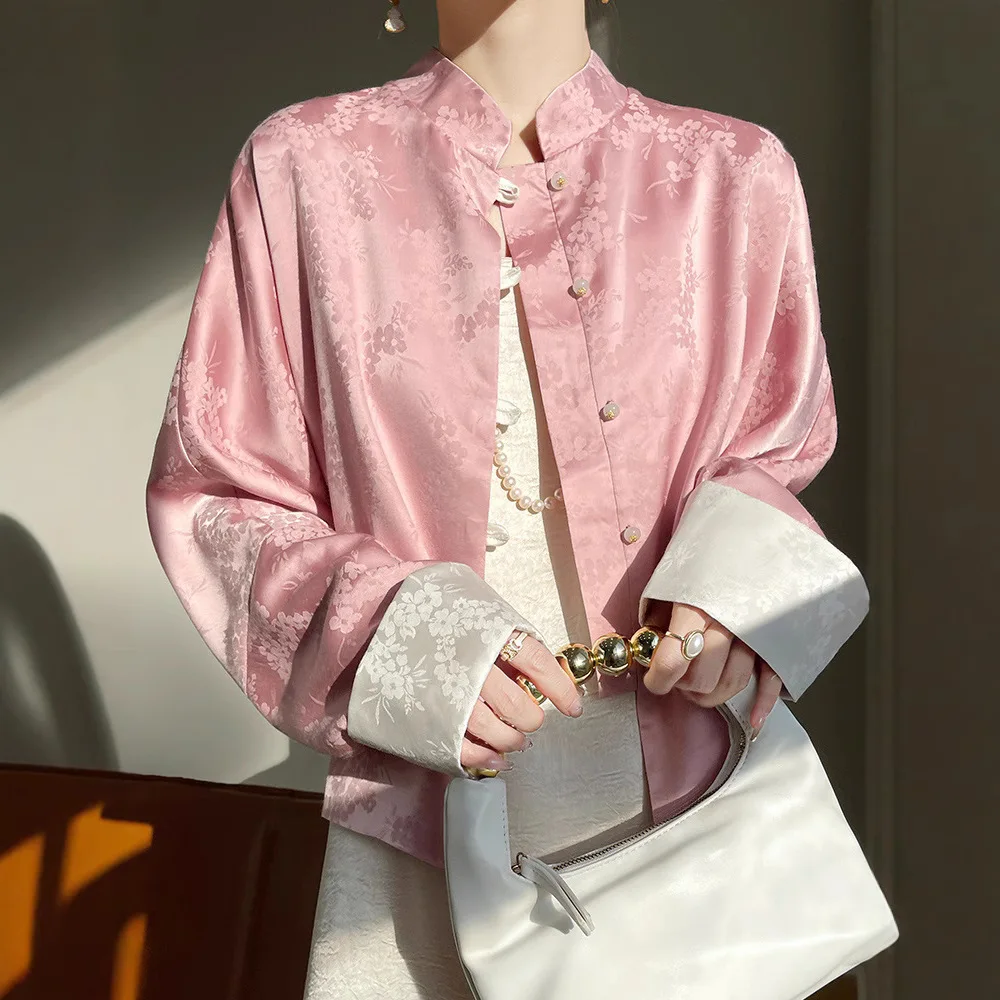

New Chinese style shirt top women's spring and summer new high-end foreign-style embroidered jacquard satin contrasting shirt