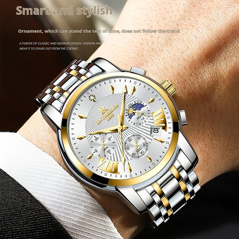 Orologio al quarzo di lusso con fasi lunari per uomo Orologio sportivo da uomo Cronografo impermeabile luminoso in acciaio inossidabile Orologio da uomo Reloj