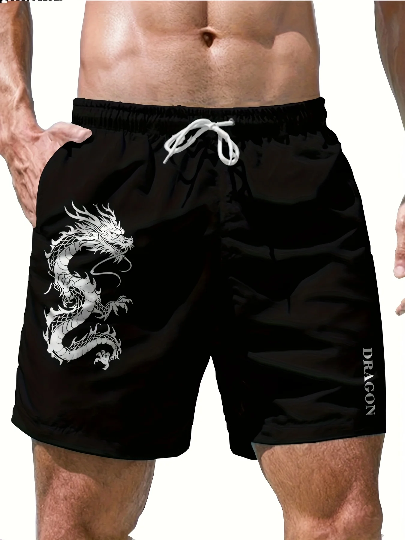 

Men's 3D Printed Dragon Pattern Sports Shorts Drawstring Belt Casual Beach Shorts White Dragon Print All-Season Fitness Shorts