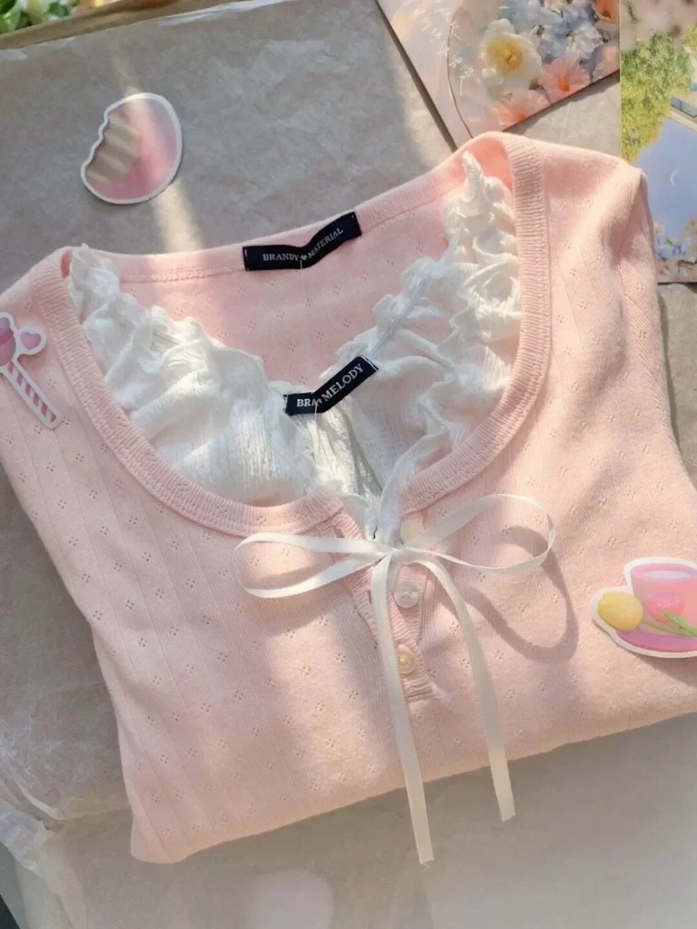 Lolita-T-shirt à manches longues avec nœud patchwork floral pour femme, pull doux, joli preppy japonais, faux deux pièces, rose, doux, fille