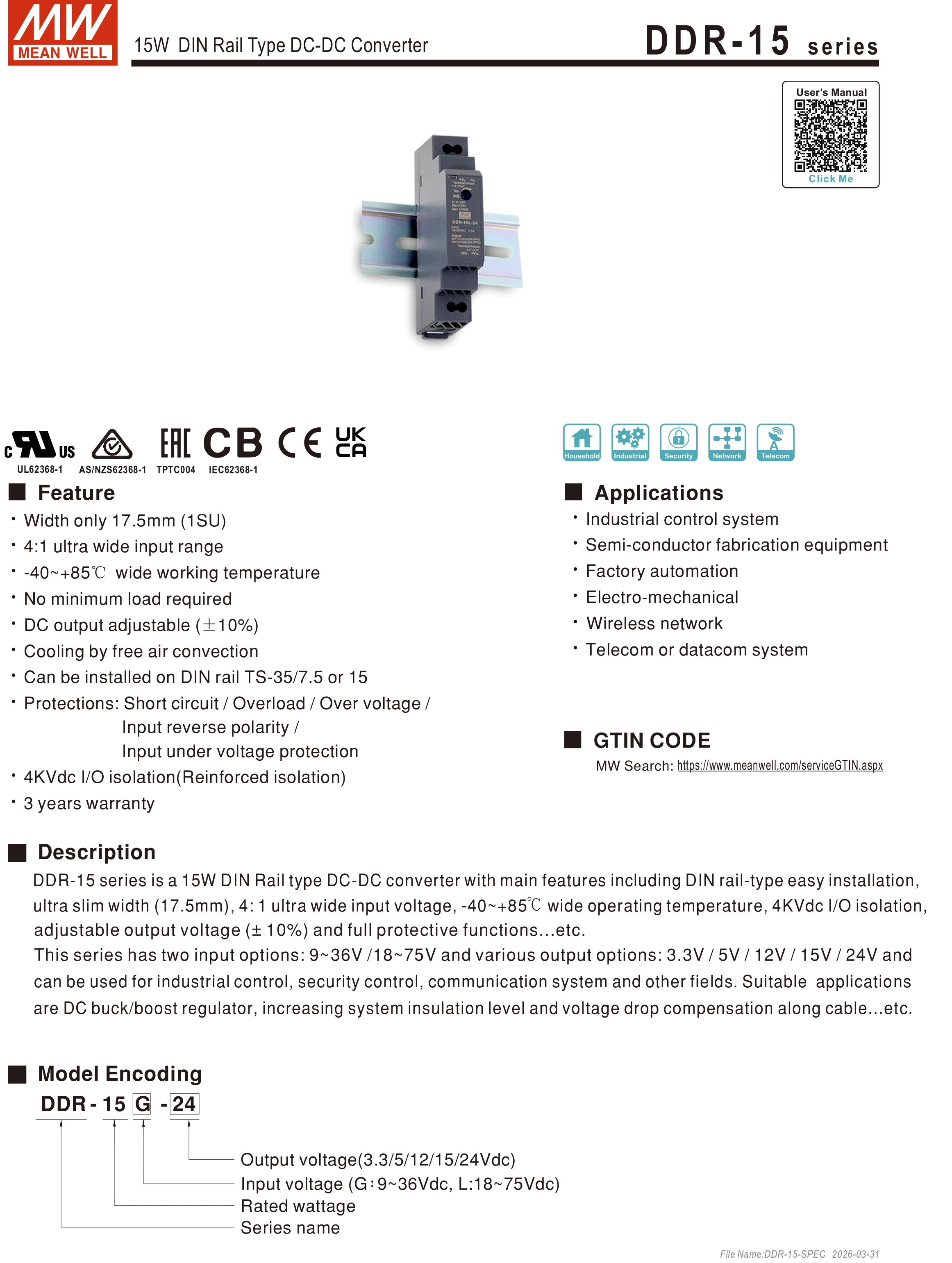 Mean Well DDR-15G/15L-3.3/5/12/15/24 Din Rail 18-75VDC/9-36VDC Input DC/DC Converter meanwell DC/DC Power Supply