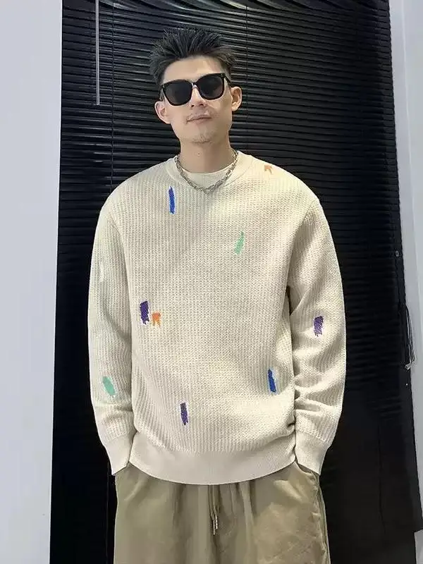 

Модный мужской трикотаж с вышивкой, теплый базовый слой, повседневный топ, трендовый свободный крой, зимний, с длинным рукавом, круглый вырез, молодежный стиль