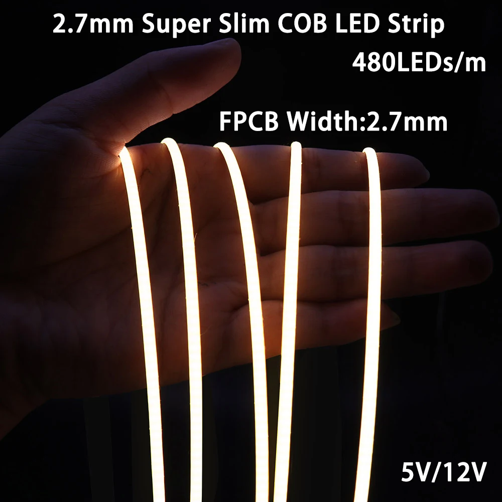 2.7mm Super Slim COB LED Strip Light 12V/5V 480LEDs/m For living room bedroom motorcycle bar car lighting renovation decoration