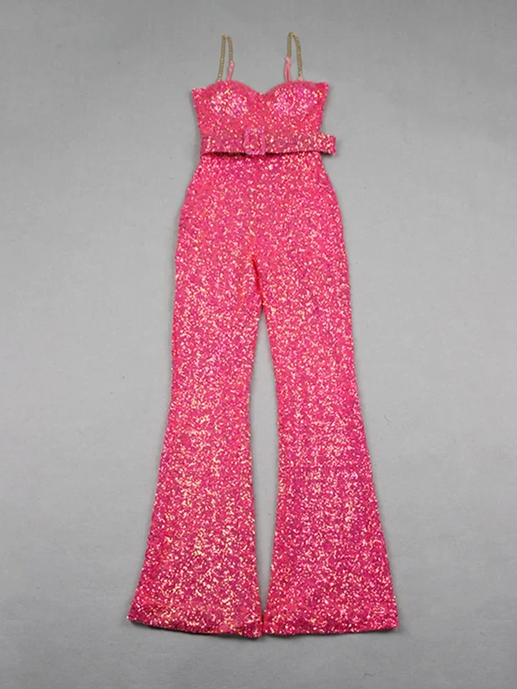 Monos de fiesta de lujo para mujer, vestido con cadena dorada y rosa, tirantes finos, lentejuelas, peleles brillantes con cinturón, celebridad de pasarela