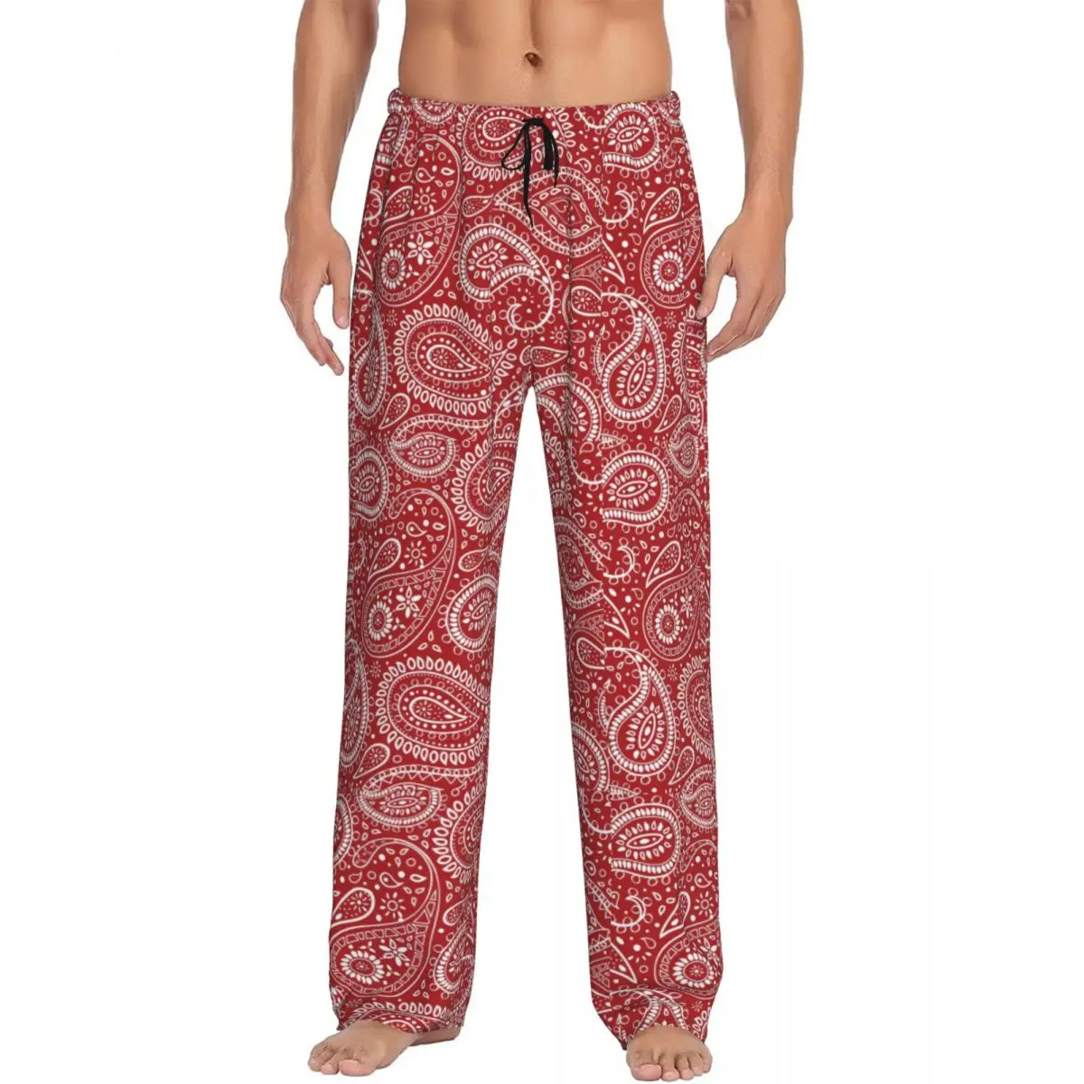 Custom Red And White Pretty Paisley Pajama Pants Men Boho Bohemian Floral Lounge Sleep Stretch Sleepwear Bottoms with Pockets