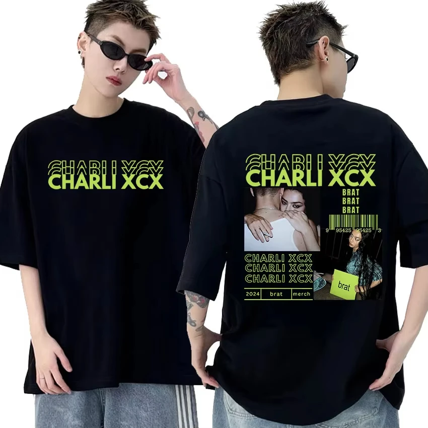 Charli XCX Brat 2024 ألبوم جولة الجرافيك تي شيرت الرجال النساء موضة ريترو عالية الجودة المتضخم القطن تي شيرت الهيب هوب الملابس