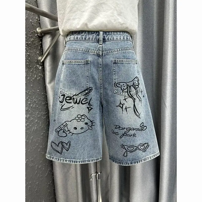 Straight-Leg Mid-Pants 2026 Summer Hello Kitty High-Waist Slim Wide-Leg Sanrio Hot Diamond Denim Five-Quarter Pants for Girls view 5