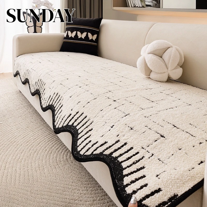 Wave Edge Fleece Sofa Covers for Living Room Soft Anti-slip Couch Cover Protector Mat Europe Style Plush Slipcover Home Decor