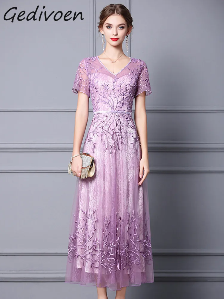 Gedivoen Summer Fashion Runway Vintage Purple Mesh Dress Women's V-Neck Pearl Diamond Gathered Waist Embroidery Lace Long Dress