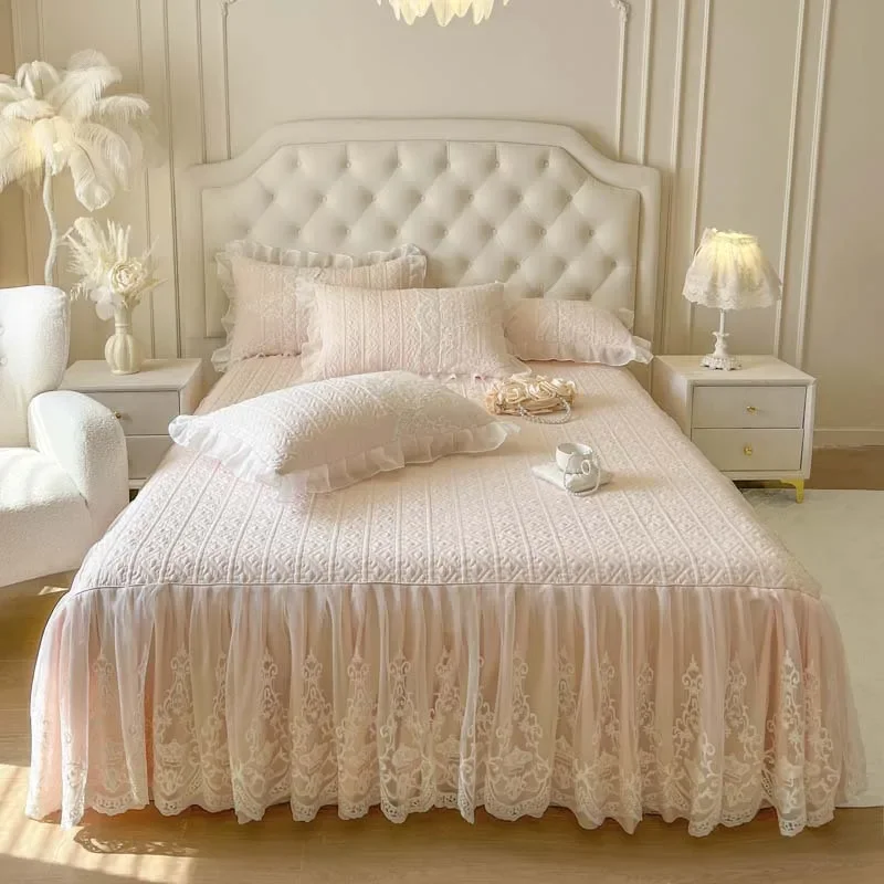 Princess Style Lace Bed Skirt Three Piece Set Cotton Beds Skirts Lace Bed Cover Four Seasons All-purpose Decoration Bedspread