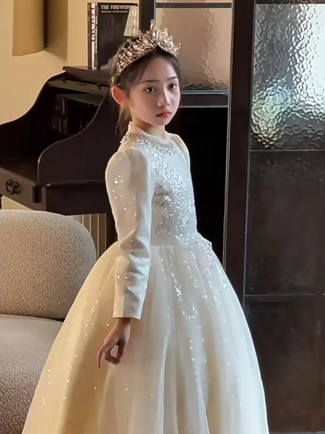 

Champagne Color Flower Girl Birthday ow Dr Little Girl Autumn Winter Princ Skirt Fem Toddler Piano Host Performanc...