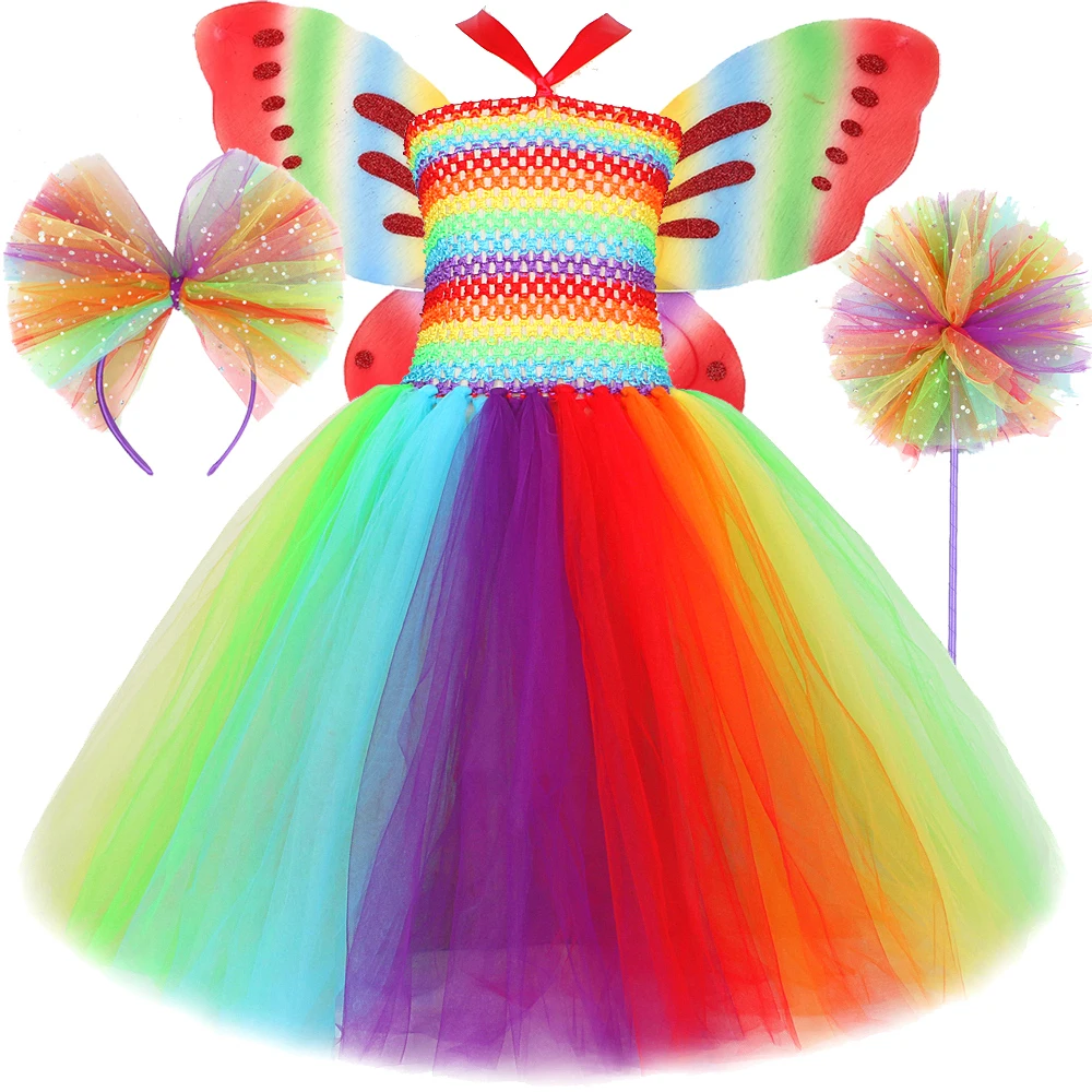 

Rainbow Fairy Princess Costumes Girls Butterfly Long Tutu Dress with Wings Magic Wand Kids Halloween Outfits Christmas Clothes