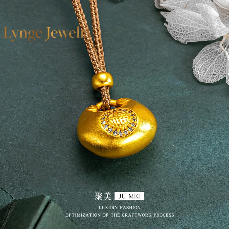 Lynge Jewelry 9999 24K real gold diamond inlaid with fat Fufu characters small gold lump lock bag pendant tie rope necklace swea
