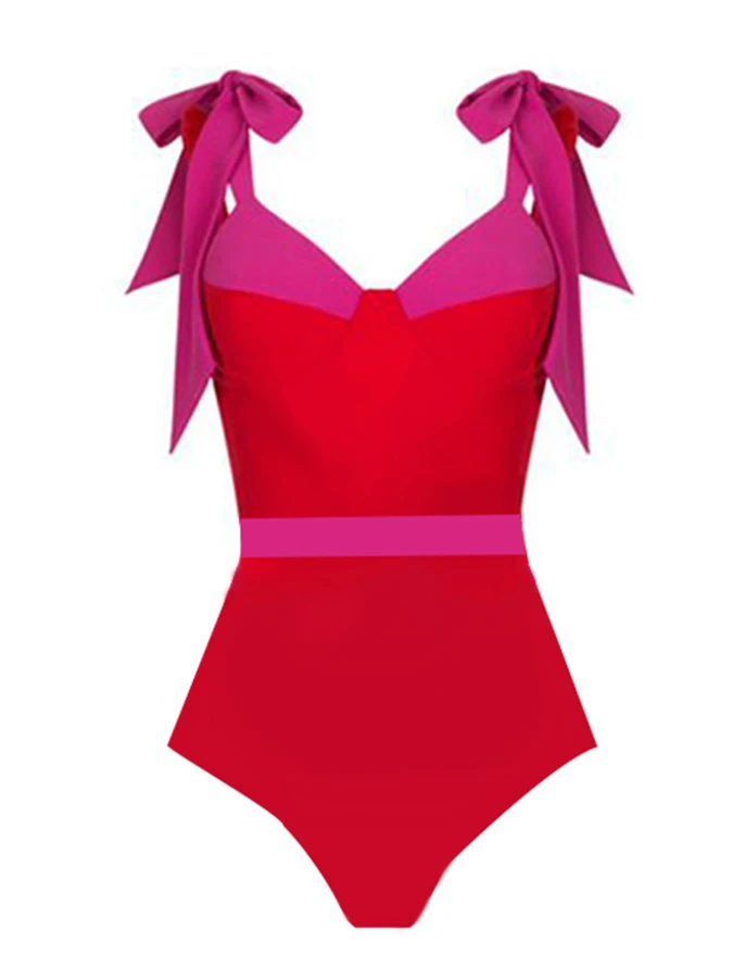 Red Ladies Elegant Suspenders Adjustable Color Block One-piece Shoulder Straps Designed For Swimwear And Cover Up