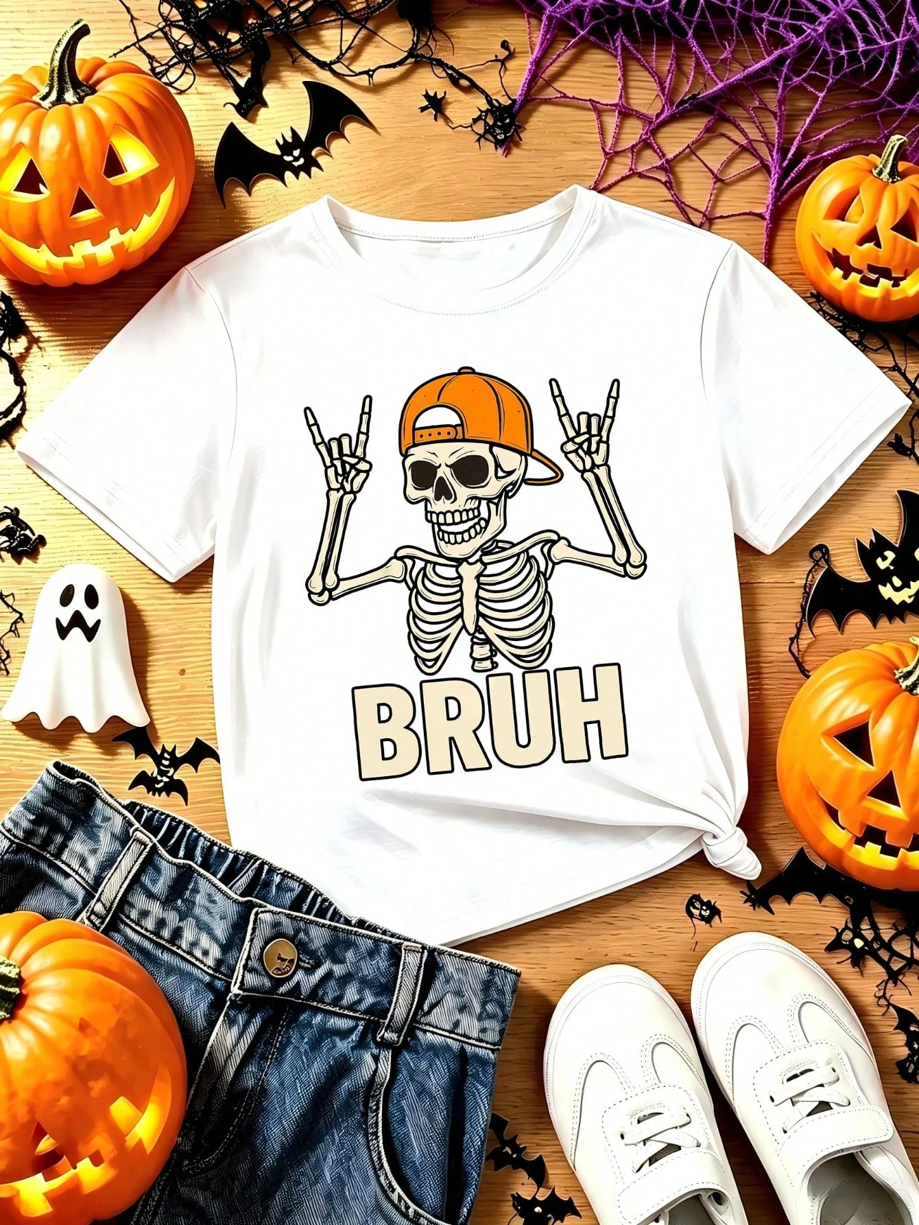 2026 New Family Matching Oversized Unisex Streetwear T Shirt Bruh Skeleton Rock Hand Cap Cartoon Halloween Graphic Tee