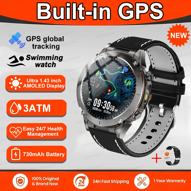 GUHUAVMI 2025 Original GPS Smart Watch Männer 1,43'' AMOLED HD Bildschirm Kompass BT Anruf 3ATM Wasserdicht SWIM 730 mAh Sport Fitness Smartwatch 6