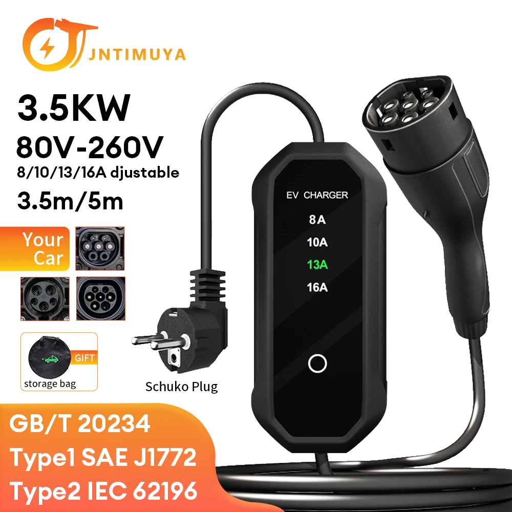 JNTIMUYA Portable EV Charger Type2 IEC62196-2 16A EVSE GBT EU Plug Charging Cable Controller Wallbox for Electric vehicles 3.5KW