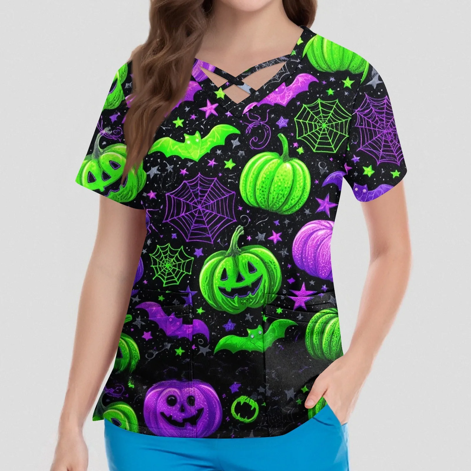 Women's Short Sleeve Crossover V Neck Halloween Print Pocket Nursing Top Medical Workwear Salon Clinic Nursing Uniform T-shirts