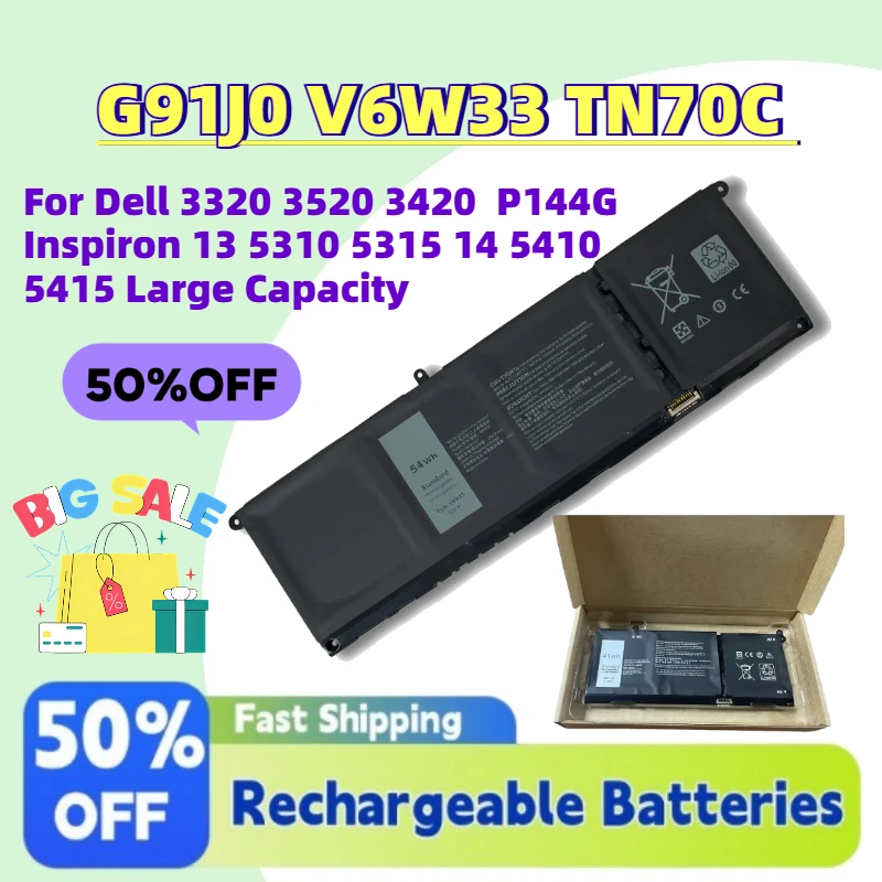 

Upgrade New G91J0 V6W33 TN70C Laptop Battery for Dell 3320 3520 3420 P144G Inspiron 13 5310 5315 14 5410 5415 Large Capacity
