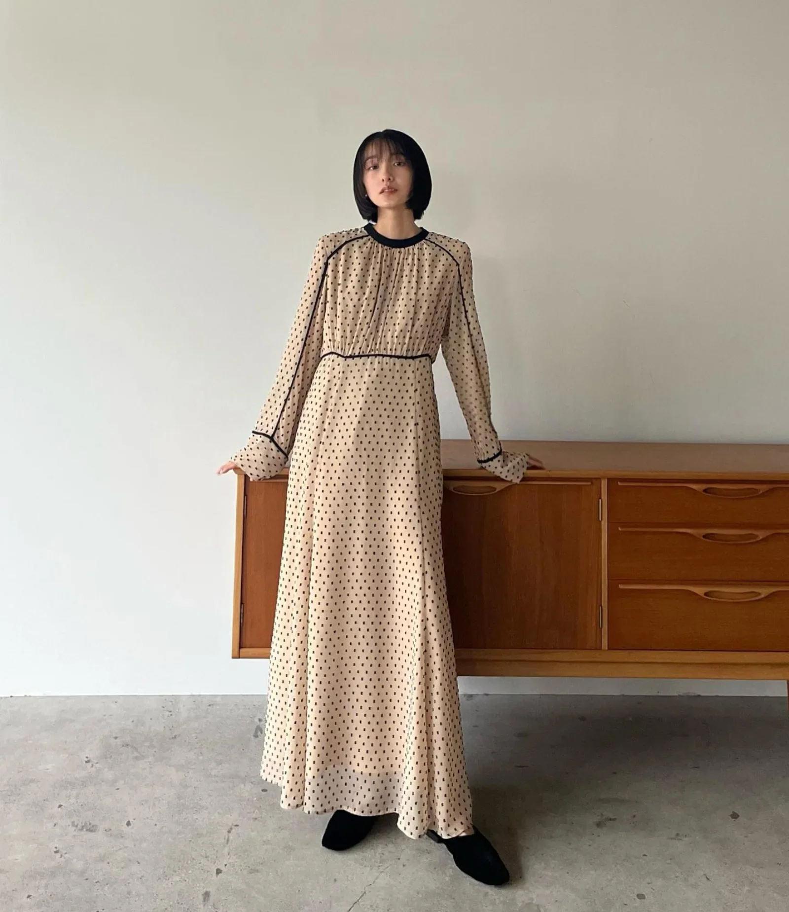 Kuzuwata Japan Style Dots Patchwork Dress Women O-neck Long Sleeve Loose Dresses Fashion Elegant A-line Big Swing Vestidos Mujer