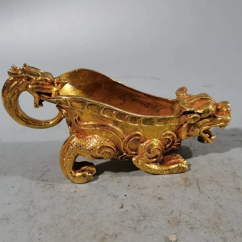 Antique and miscellaneous collectibles: Qing Dynasty Qianlong era gilded brass Pixiu wine , five-dragon cup, craft gift