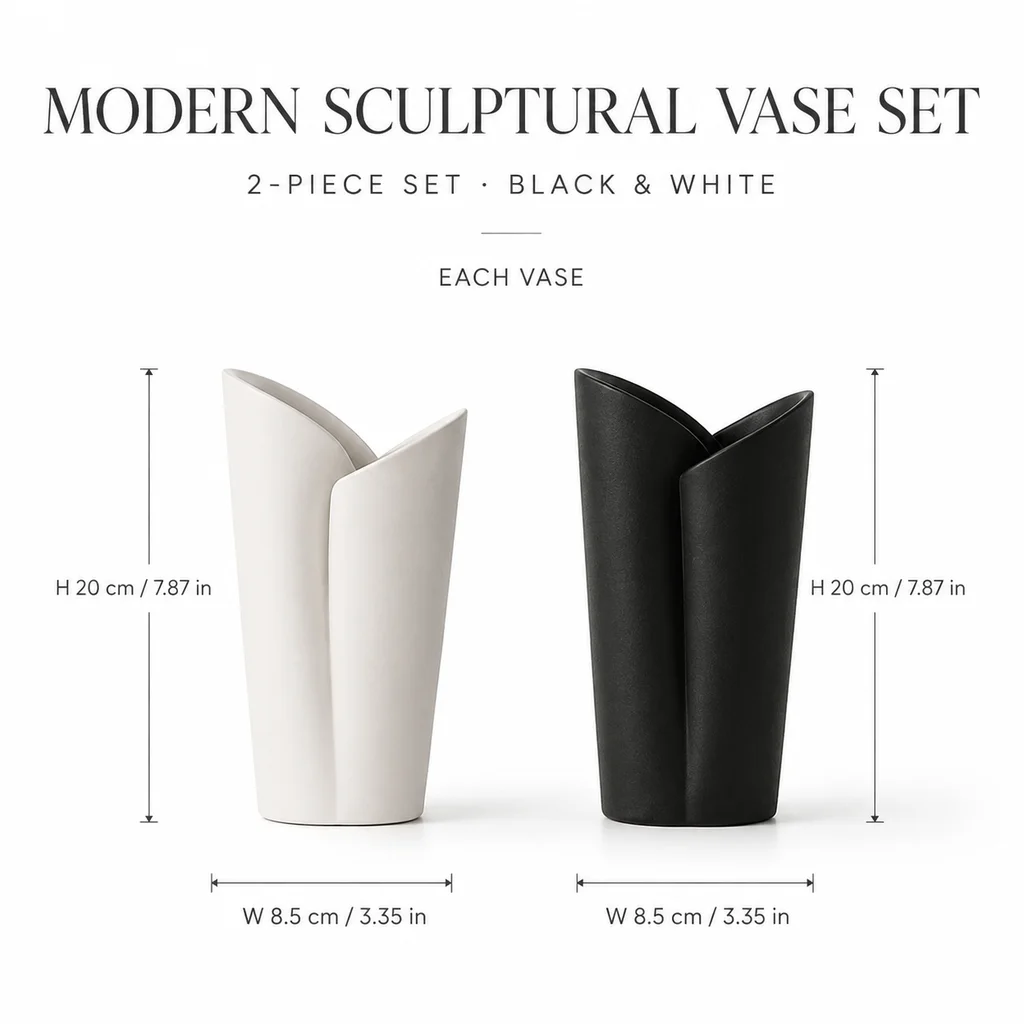 Black White Matte Split Top Cylinder Vase Set of 2, Minimalist Sculpture Flower Pot for Tulip Fresh Floral Home Table Decor