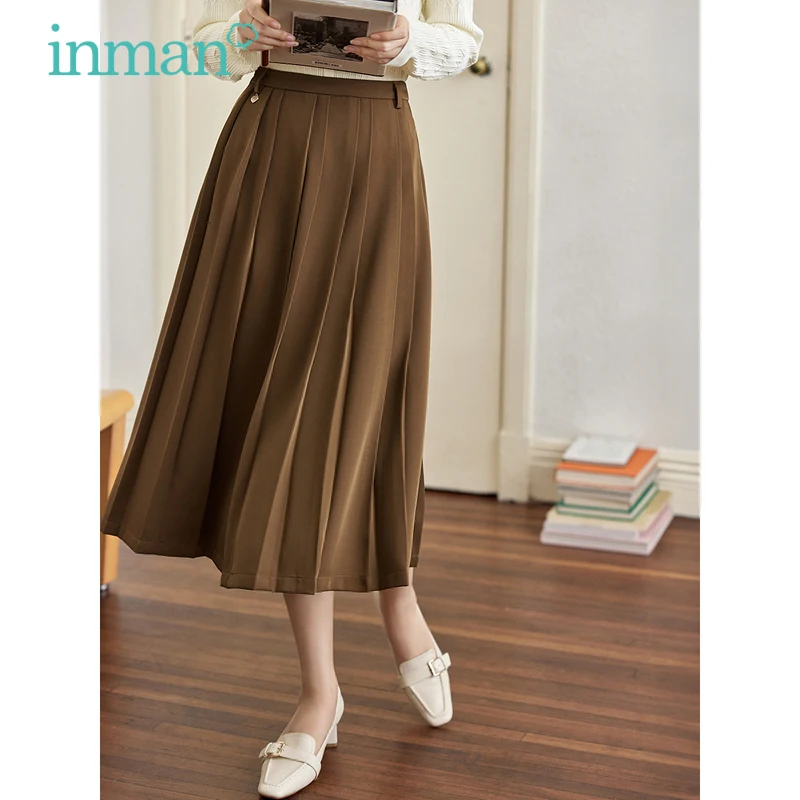 

INMAN Women Skirt 2023 Autumn High Waist A-shaped Loose Pleated Design French Versatile Coffee Black Mid-length Skirt