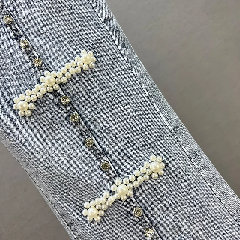 Pantalones acampanados de mezclilla con punta dividida para mujer, pantalones vaqueros ajustados de cintura alta con cuentas de diamantes, ropa
