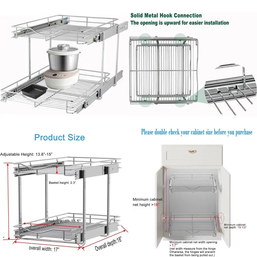 

Double-Tier Metal Pull-Out Cabinet Organizer, 17W x 18D, Chrome Finish for Kitchen, Pantry, or Bathroom