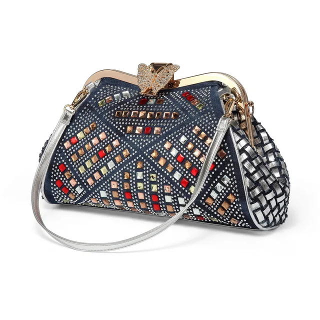 Projektant Nowa damska torba Denim Pleciona torba z kryształkami Jedno ramię Crossbody Butterfly Clip Luksusowa torba