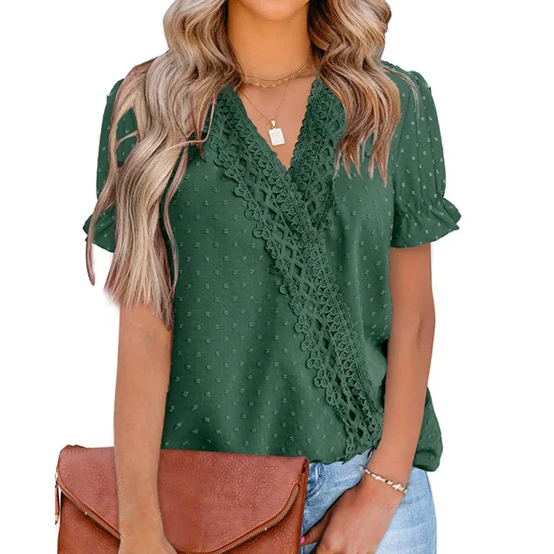 Summer Fashion V-neck Lace Jacquard Patchwork Pompon Chiffon Shirts Top Women Solid Ruffle Short Sleeve Loose Casual Wild Blouse