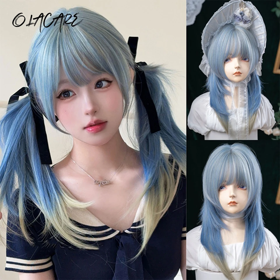 

Synthetic Medium Length Straight High Layered Wigs With Bangs Blue Highlights Blonde Hair Wig with for Women Daily Cosplay Wigs