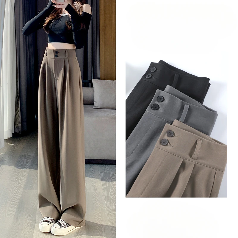 

2024 Women's Spring Summer New High Waist Straight Pants Female Solid Color Leisure Pant Ladies Wide-leg Suit Trousers W70