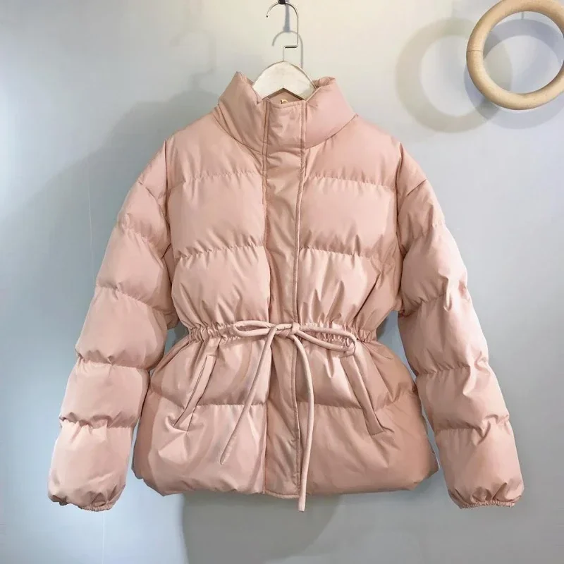 Cotton-padded Women Winter New Korean Version of Ins Short Waist Stand Collar Drawstring Thickened Cotton-padded Cloth Coat 2025