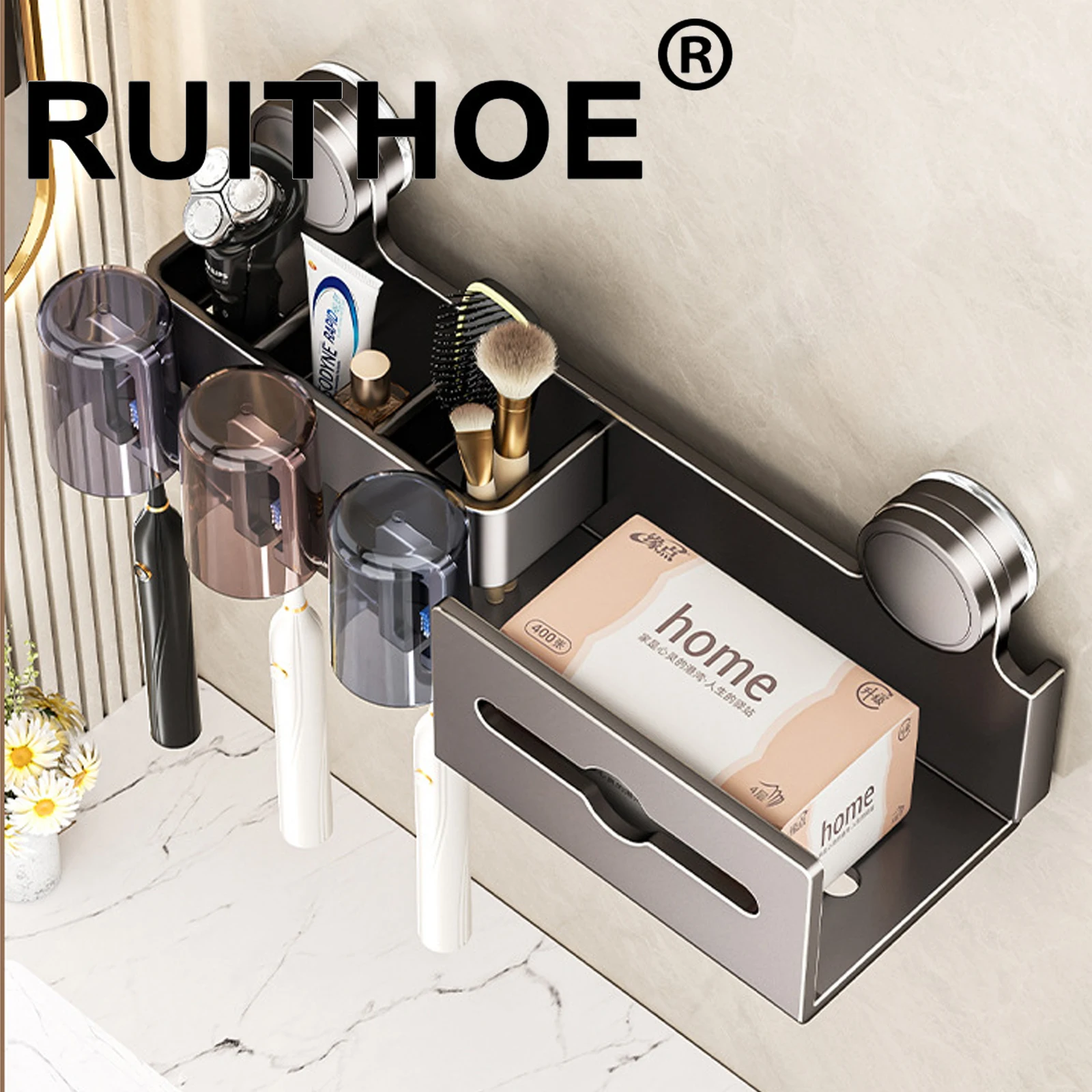 

Suction Cup Toothbrush Holder With Paper Towel Holder Bathroom Shelf Mouthwash Cup Toothbrush Holder