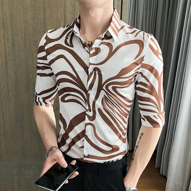 Summer New POLO Collar New Half Sleeve Shirt Man High Street Casual Slim Button Cardigan Printing Personality All-match Tops