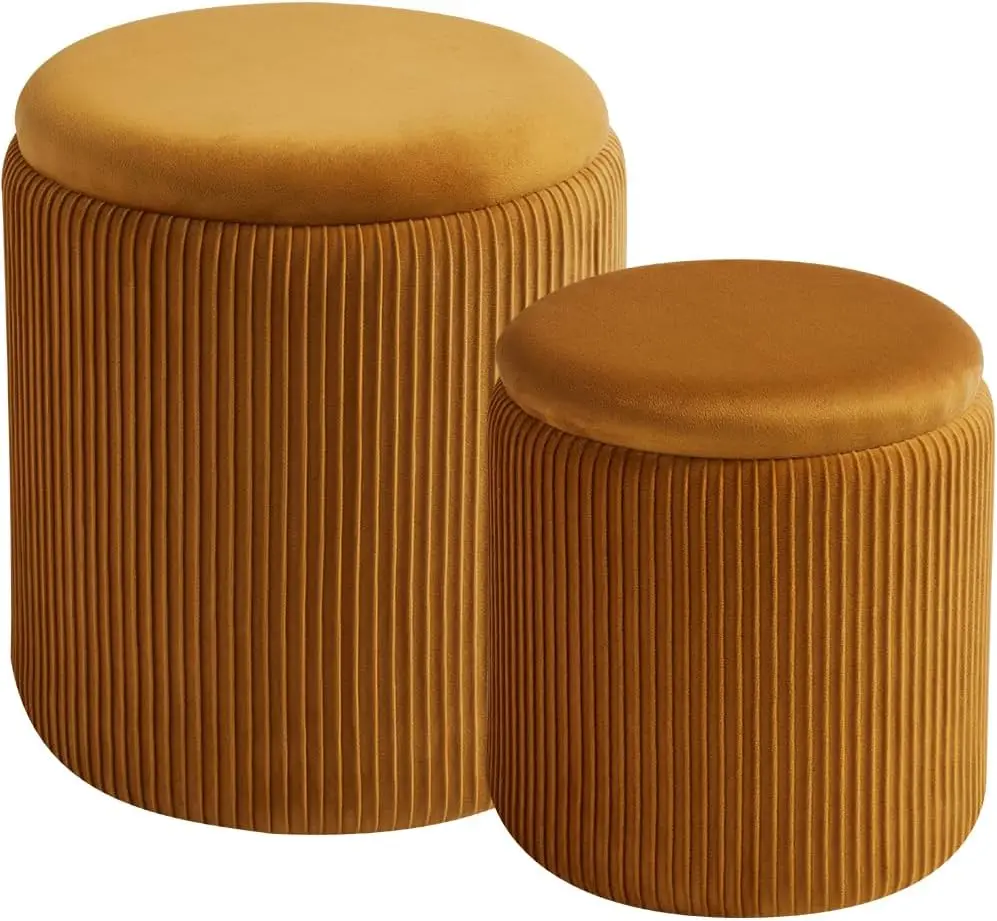 Round Ottoman Set of 2 with Storage, Multifunctional Upholstered Stool for Makeup, Coffee Table and Foot Rest in Yellow