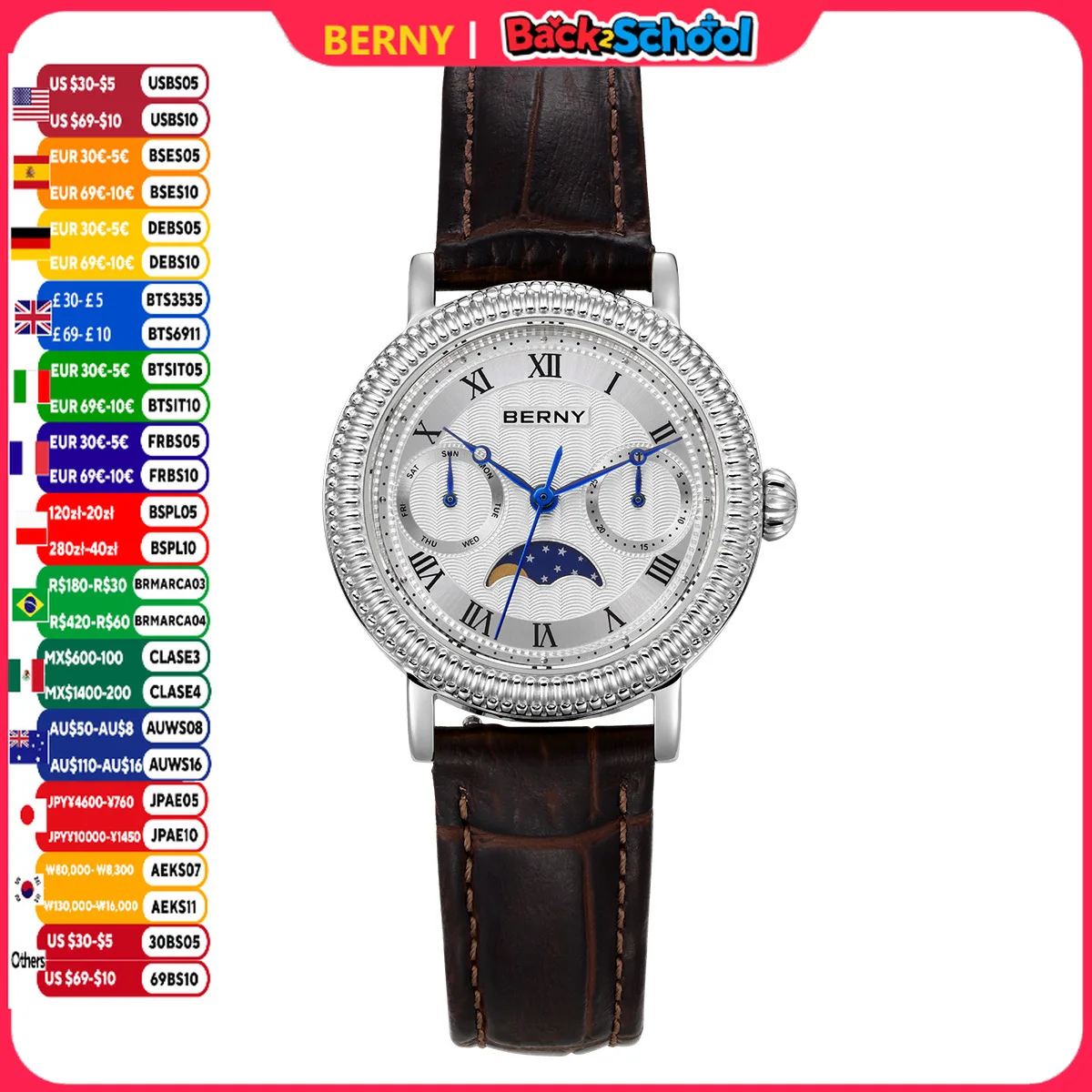 BERNY Women's Watches Luxury Business Dress Watch Moon Phase Elegant Quartz Ladies Wrist Watches Leather Band Stainless Steel