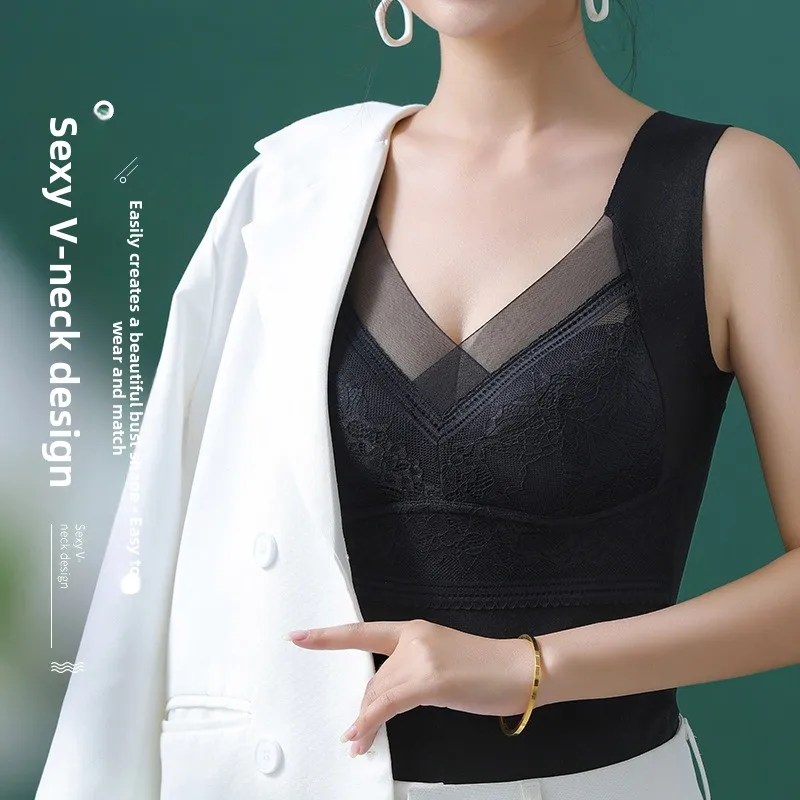 plus Size Ladies Warmth Lace Vest Autumn Winter German Velvet Seamless Underwear Tank Top Pad Strap Fleece Lined Base Shirt