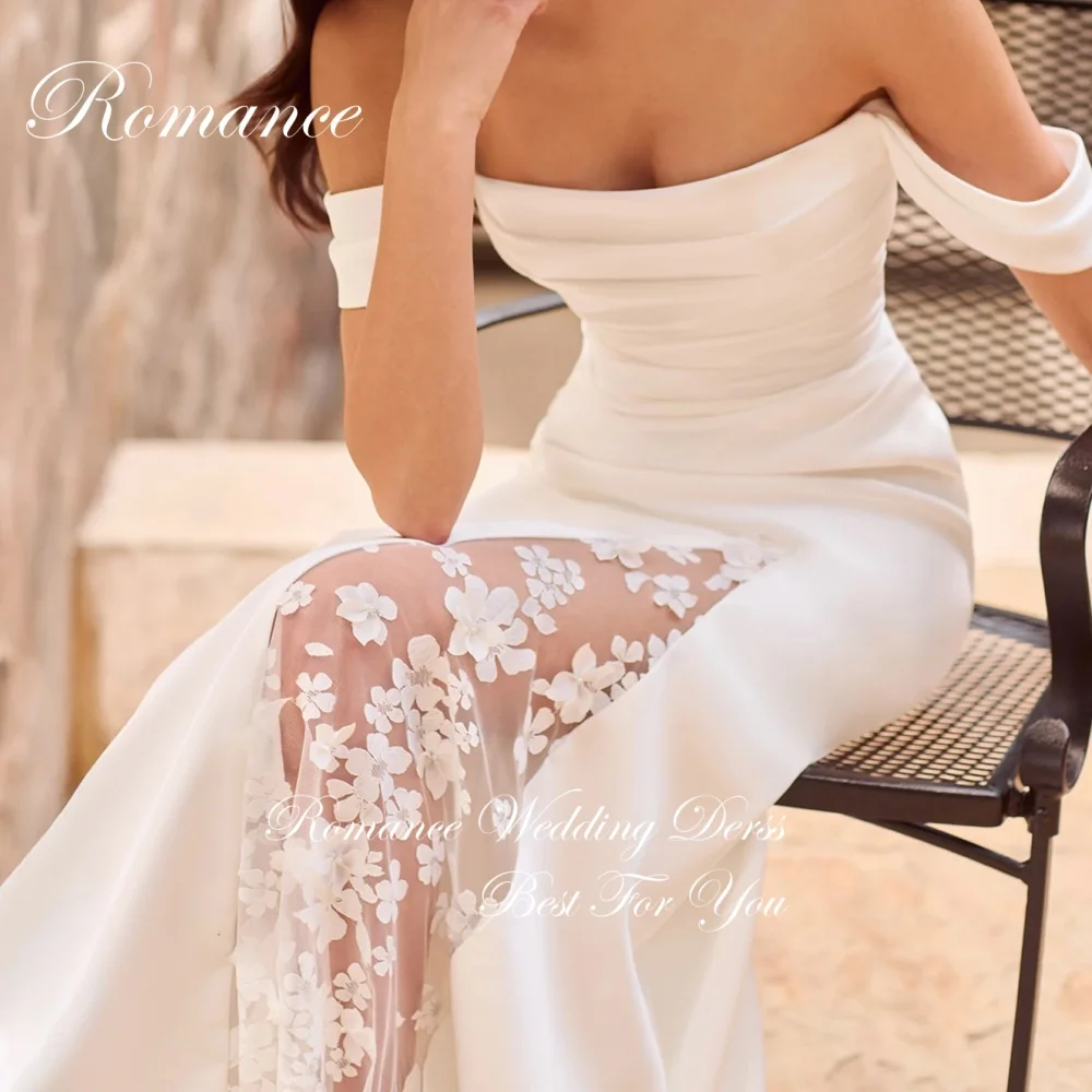 Elegante plissado fora do ombro flores sereia vestido de casamento fenda aberta volta sem alças vestido de noiva vestidos de novia personalizado