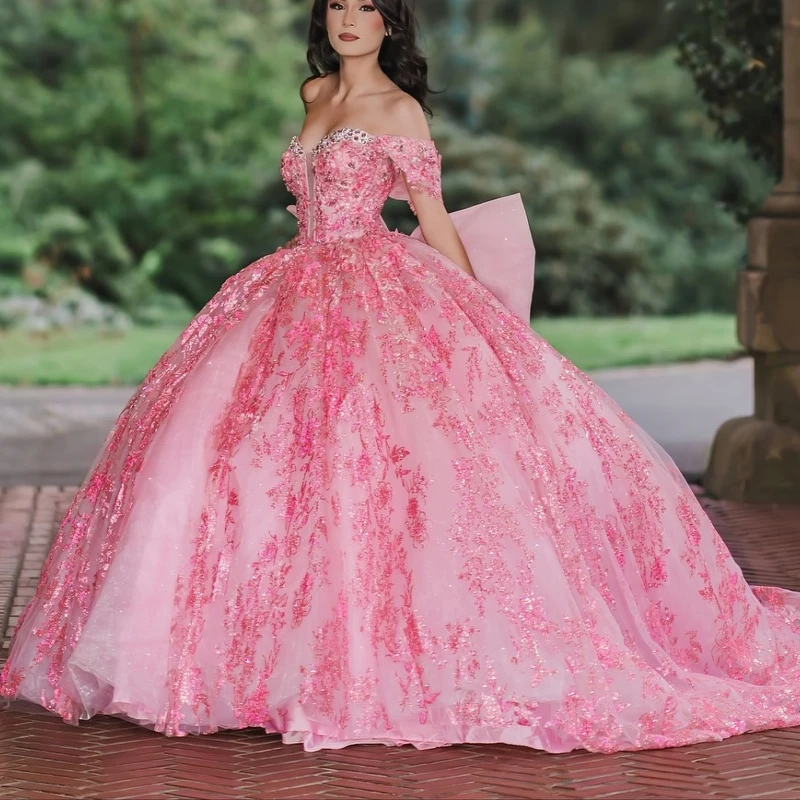

Pink Shiny Quinceanera Dresses Off The Shoulder Sequin Applique Beading Crystal Bow Tull Party Birthday Sweet 16 Dress Vestidos