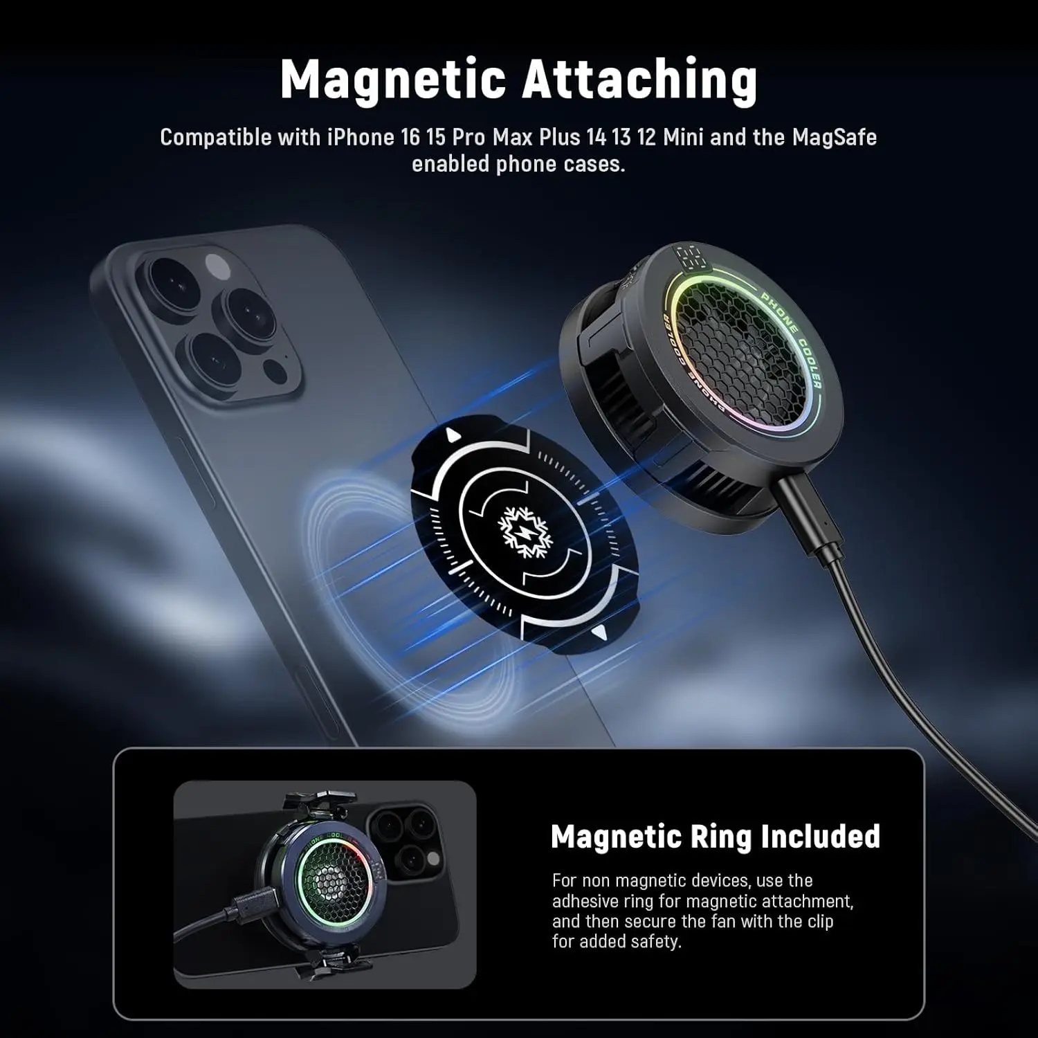 NEEWER Magnetic Phone Cooler, Low Noise Cell Phone USB Cooling Fan Magnetic Ring & Clip For iPhone 15 16 Pro Max MagSafe Samsung