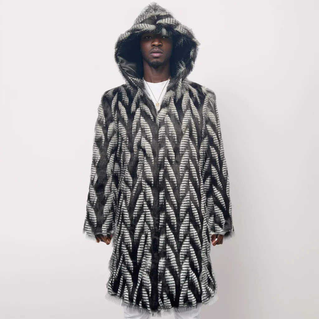 

Мужской кардиган из искусственного меха с капюшоном и принтом, верхняя одежда из лисьего меха, свободный крой с карманами, зима 2025 года, легкий эластичный уличный плащ