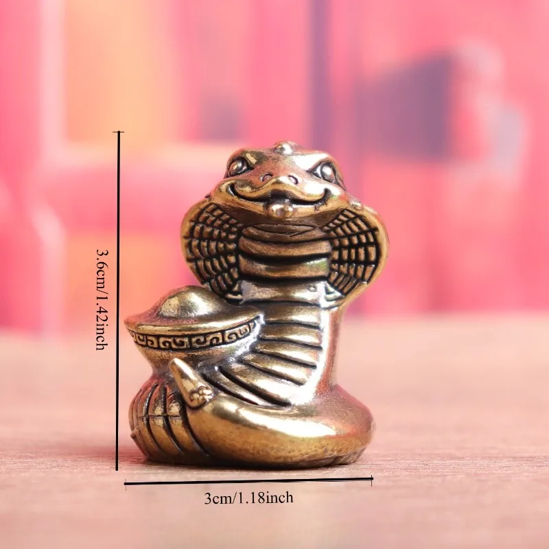 Vintage Brass Cobra Figurine, Cute Cartoon Snake Statue With Ingot, Desktop Tea Pet Ornament, Chinese Zodiac Craft