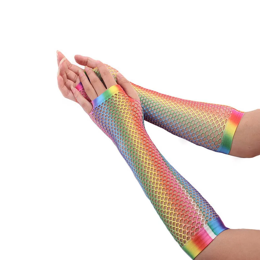 

Korean Elasticity Short Half Finger For Women Long Half Finger Party Nylon Rainbow Color Gloves Fishing Net Gloves Arm Sleeves