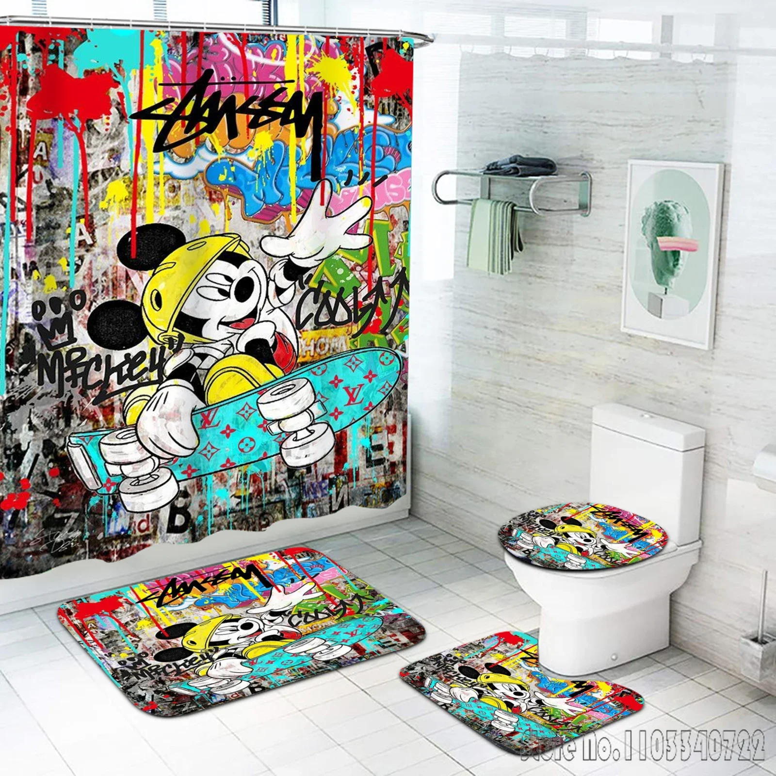 Mickey Mouse Disney Bath Shower Curtain Set 4pcs with Hooks Waterproof Bathroom Toilet Mat Lid Decor