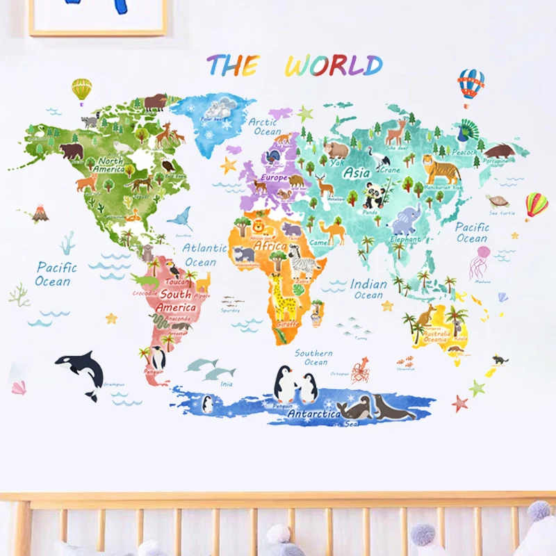 

Large Animal World Map Wall Stickers Peel and Stick Removable for Kids Room School Nursery Wall Decor The Animals Map Wallpaper