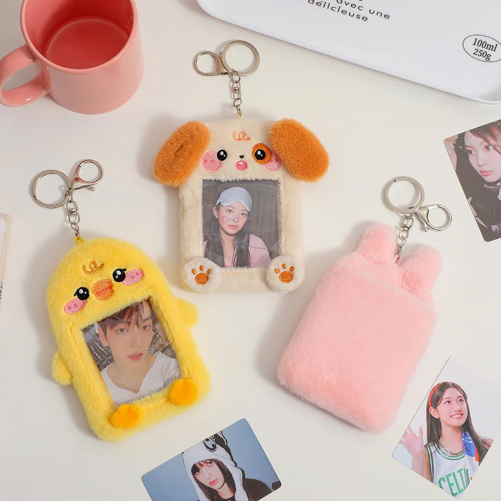 Kawaii Plush Photocard Holder Cute Bear Credit ID Bank Card Keychains Bus Cards Protective Case Picture Photo Sleeves Stationery